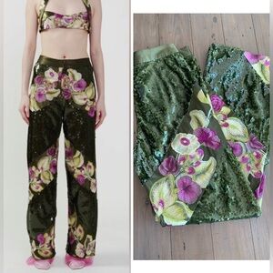 Kim Shui Green Sequin and Flower Embroidery Tilted Strips Pant NWT